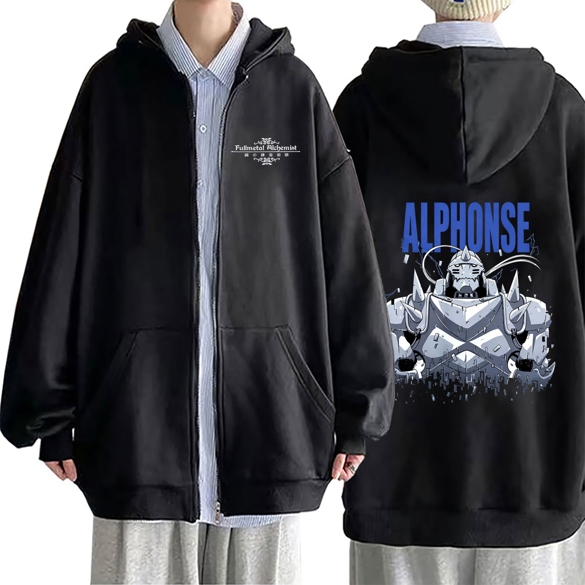 Fullmetal Alchemist Coat - Anime Fullmetal Alchemist Grafik Fermuarlı Kapüşonlu